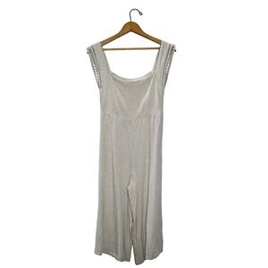 Entro Linen Cropped‎ Jumpsuit Crochet Trim Sleeveless Casual Beige Size M